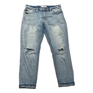 Kancan Womens Denim Pants Distressed Folded Hem Light Blue Wash Size 9/28